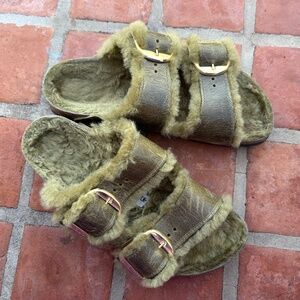 Birkenstock Arizona Olive Green Big Buckle Shearling Lined Leather Sandals EU 38